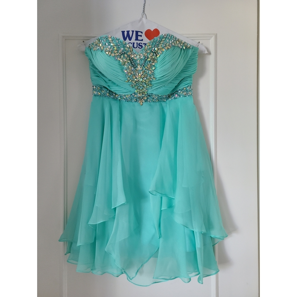 Cinderella Short Strapless Mini Prom Beaded Sequin Aqua Dress Size 6